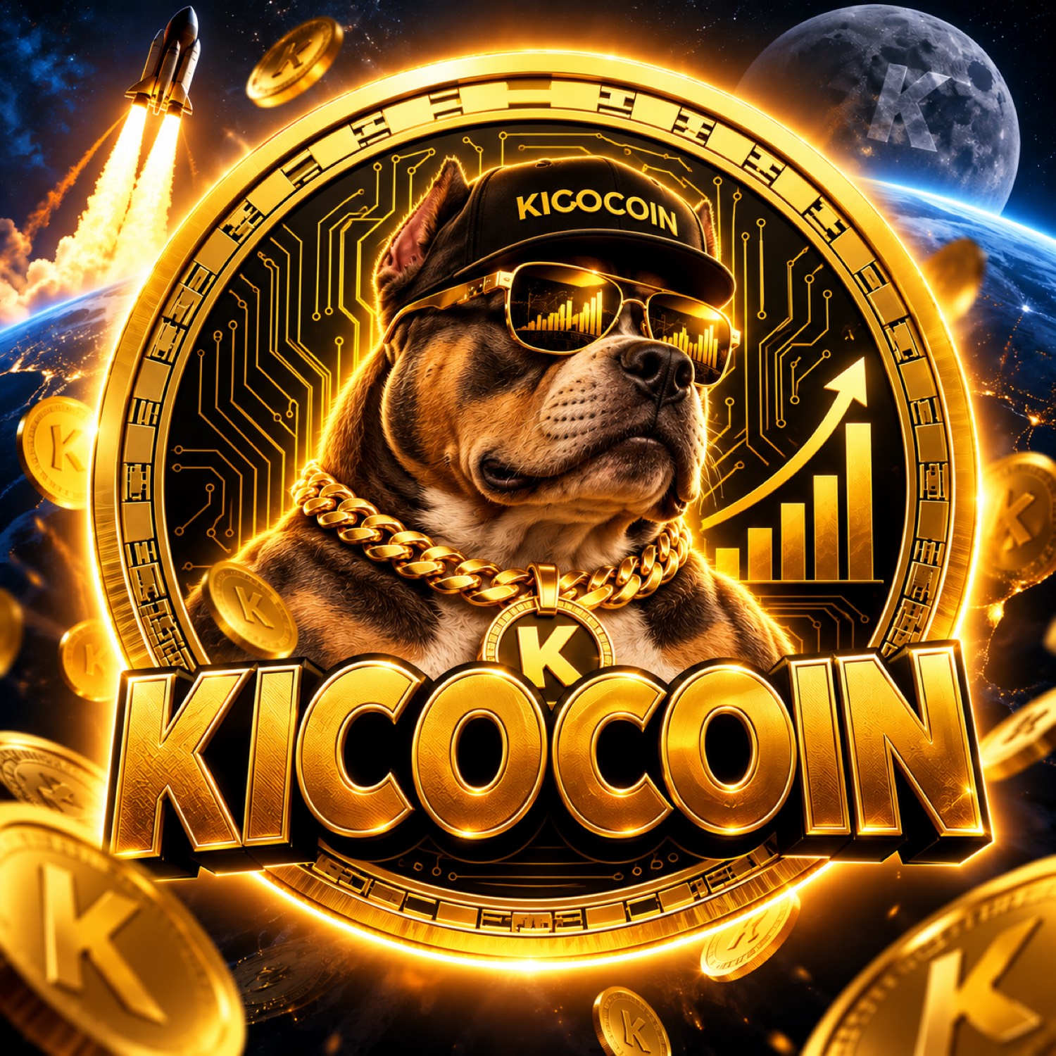 Kico, the KICOCOIN pitbull in a gold chain and KICOCOIN cap