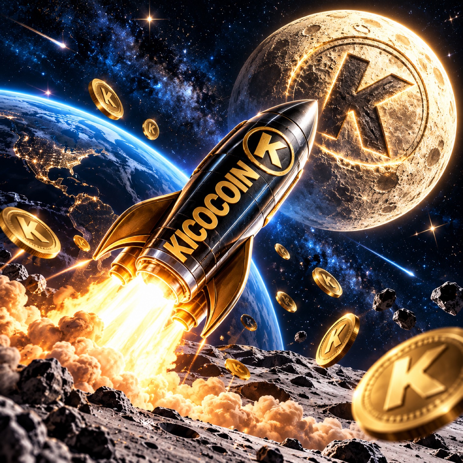KICOCOIN rocket leaving the lunar surface toward a moon marked with K